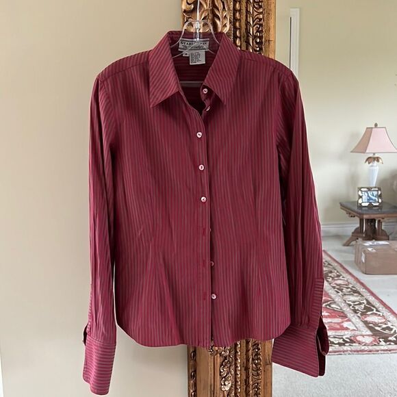 Vintage Tops - Vintage button up red blouse long sleeve dress shirt stripes large, women’s 8